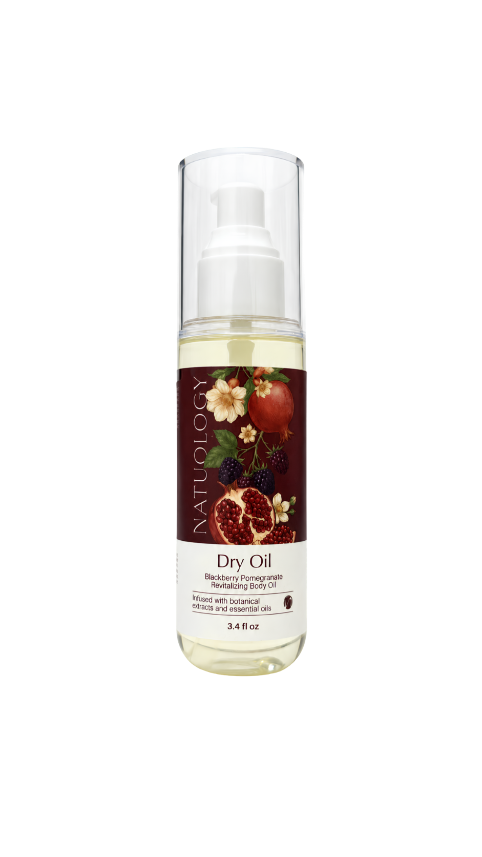 A 3.4 fl oz bottle of Natuology Dry Oil Blackberry Rhombeann Reminding Body Oil, featuring a clear cap, white pump, and a label with illustrations of berries and pomegranate on a white background.